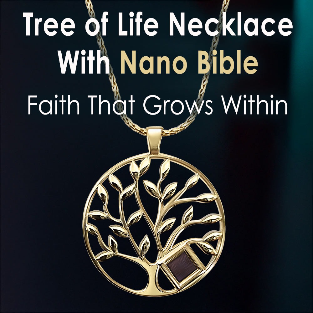 Gold holy Bible pendant featuring Tree of Life design with scripture inside by My Nano Jewelry
